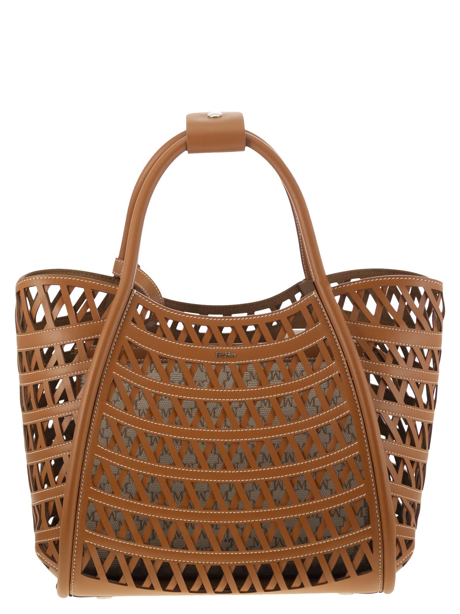 トートバッグ Max Mara MARINESWEAVING - Marine small woven leather bag Woven leather small Marine bag, light brown