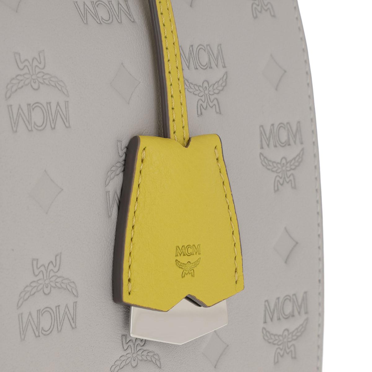 MCM Essential Monogrammed Leather Boston Handle Bag Dove in Grey (Grey) - Lyst