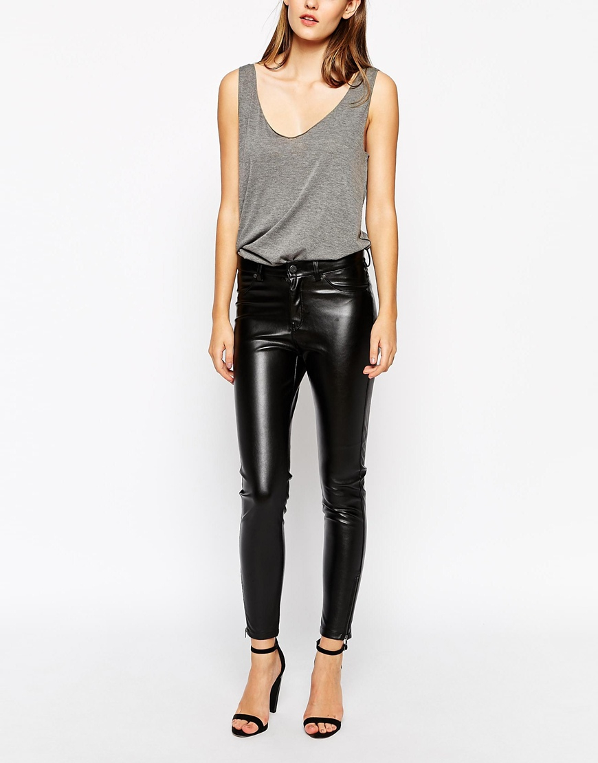 Dr. Denim Faux Leather Skinny Jeans With Ankle Zips in Black - Lyst