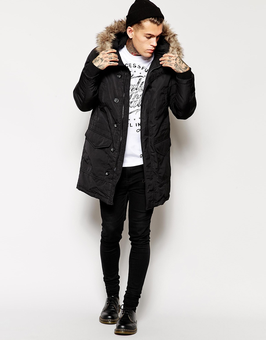 DIESEL Kirton Parka Coat With Faux Fur Hood in Black for Men - Lyst