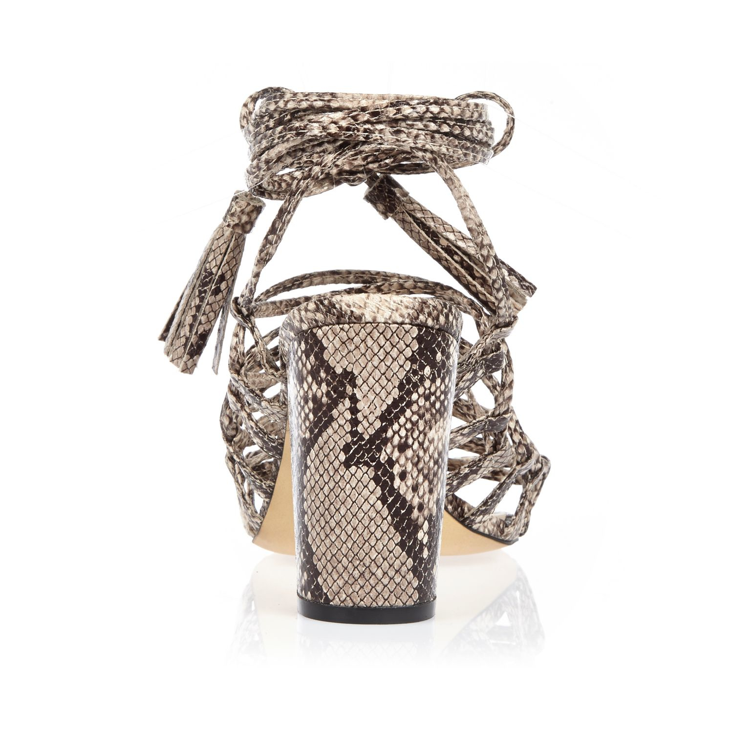 River Island Grey Snake Print Lace-up Block Heel Sandals in Cream ...