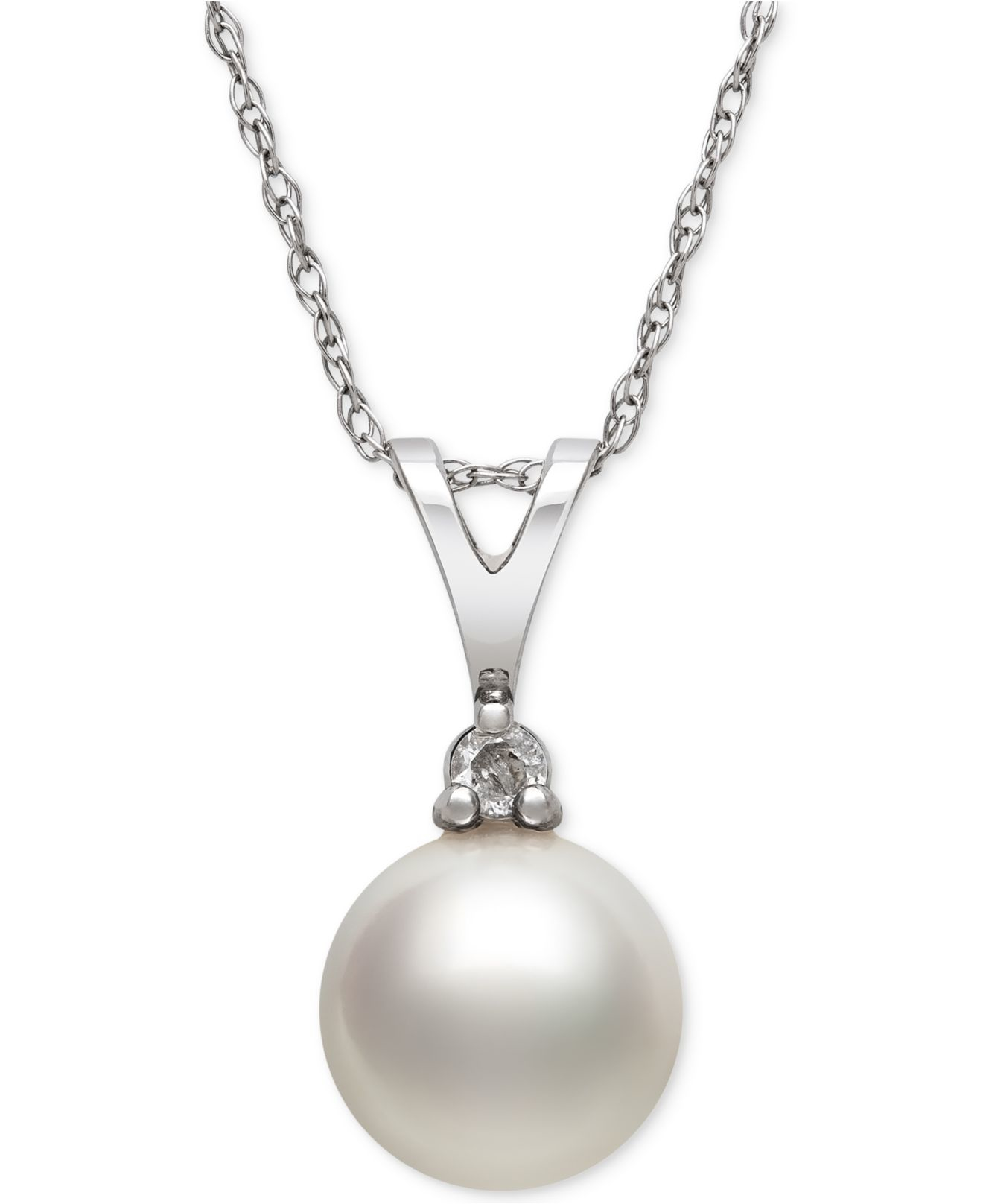 Macy's Akoya Pearl (7mm) And Diamond Accent Pendant Necklace In 14k
