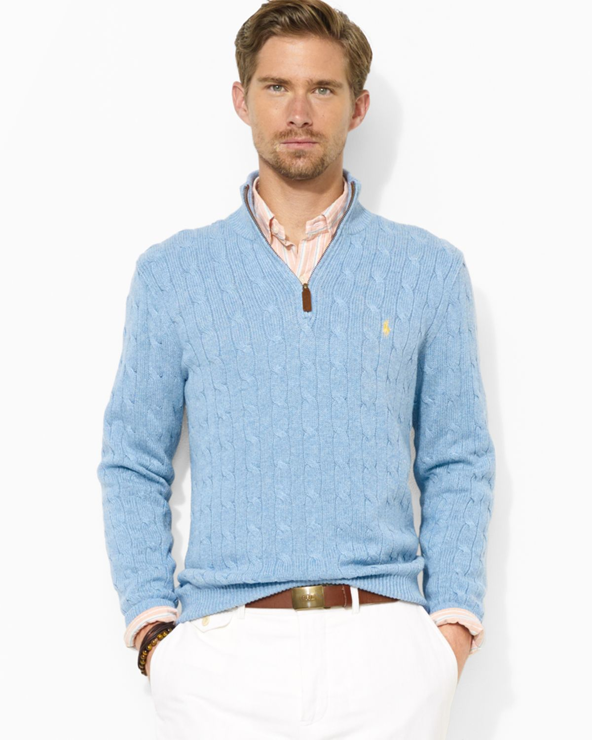 Lyst - Ralph Lauren Polo Halfzip Cableknit Tussah Silk Sweater in Blue ...