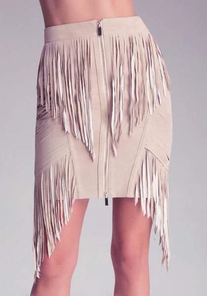 Bebe Shimmy Fringe Skirt in Beige (cement) | Lyst