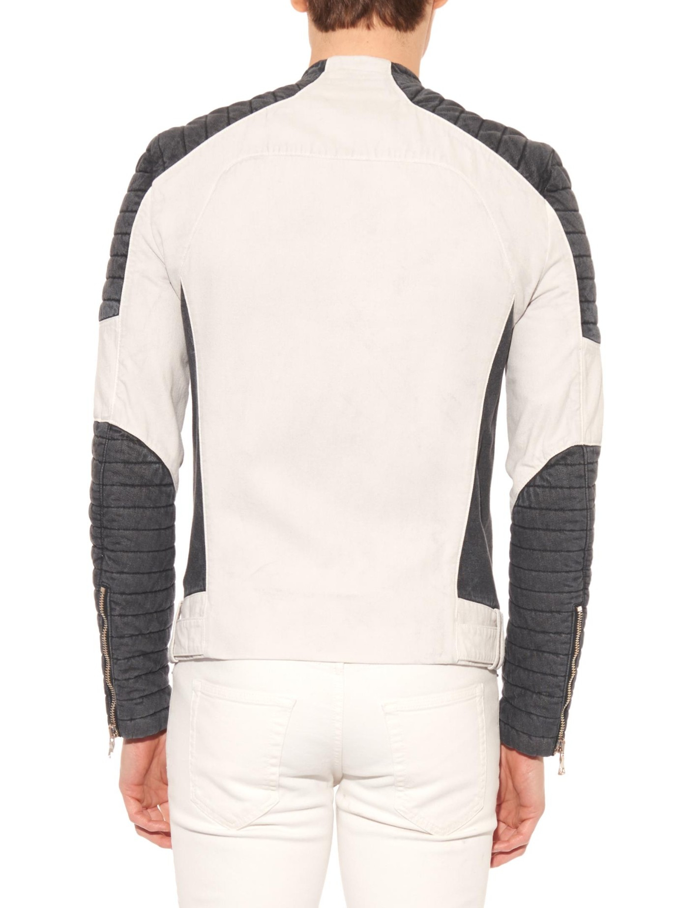 Balmain Bi-Colour Cotton Biker Jacket in White Black (White) for 