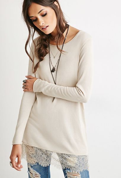 Forever 21 Eyelash Lace-Trimmed Sweater in Beige (Oatmeal/oatmeal)