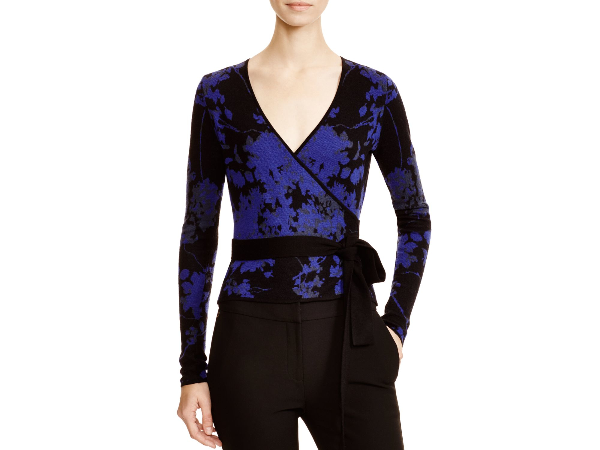 Diane von Furstenberg Kyla Floral Jacquard Wrap Sweater in Black - Lyst