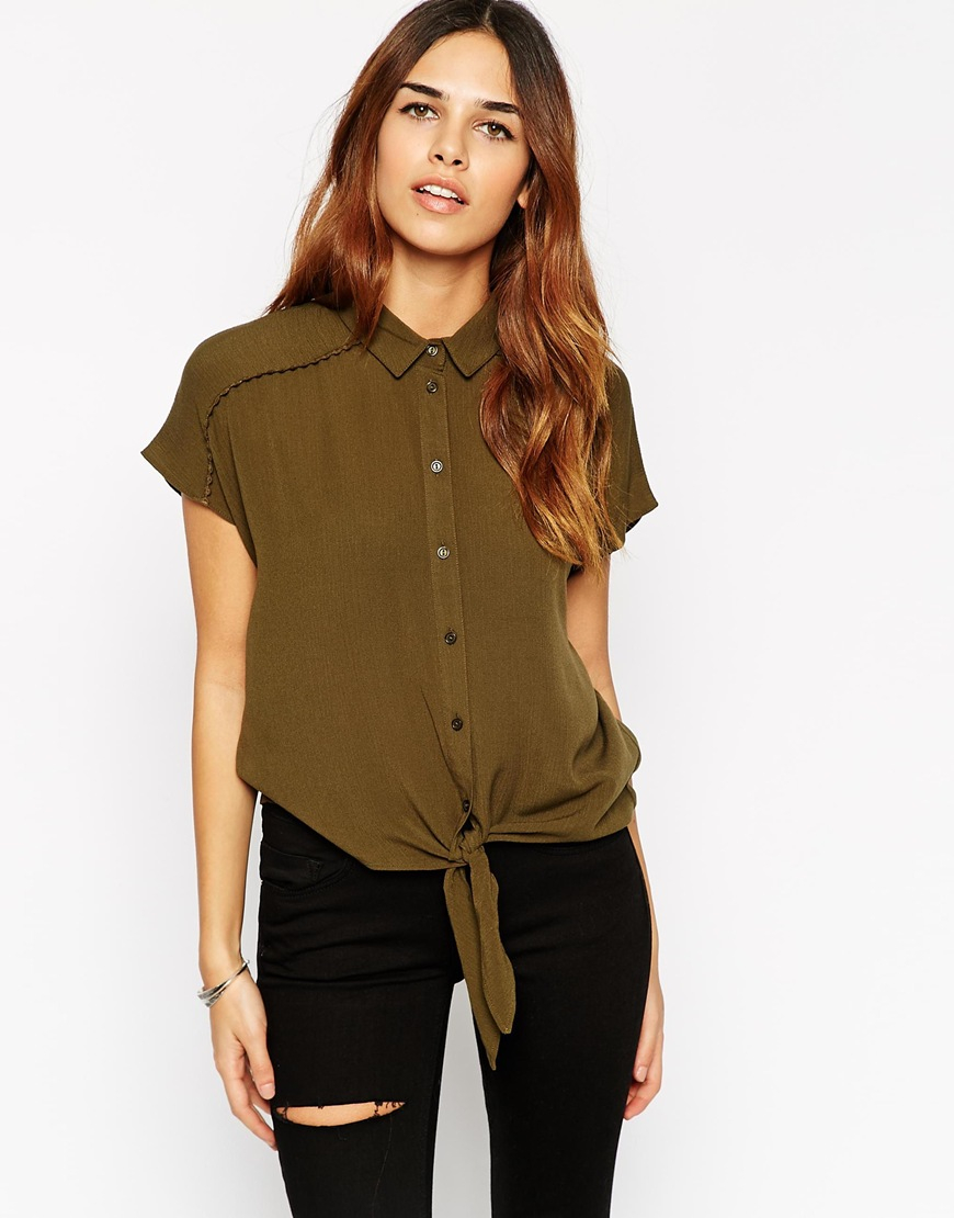 Asos Sleeveless Tie Front Blouse With Pom Trim in Green (Khaki) | Lyst