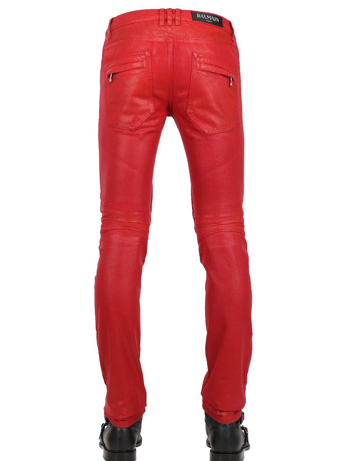Balmain 18cm Geometric Waxed Denim Biker Jeans in Red for Men | Lyst