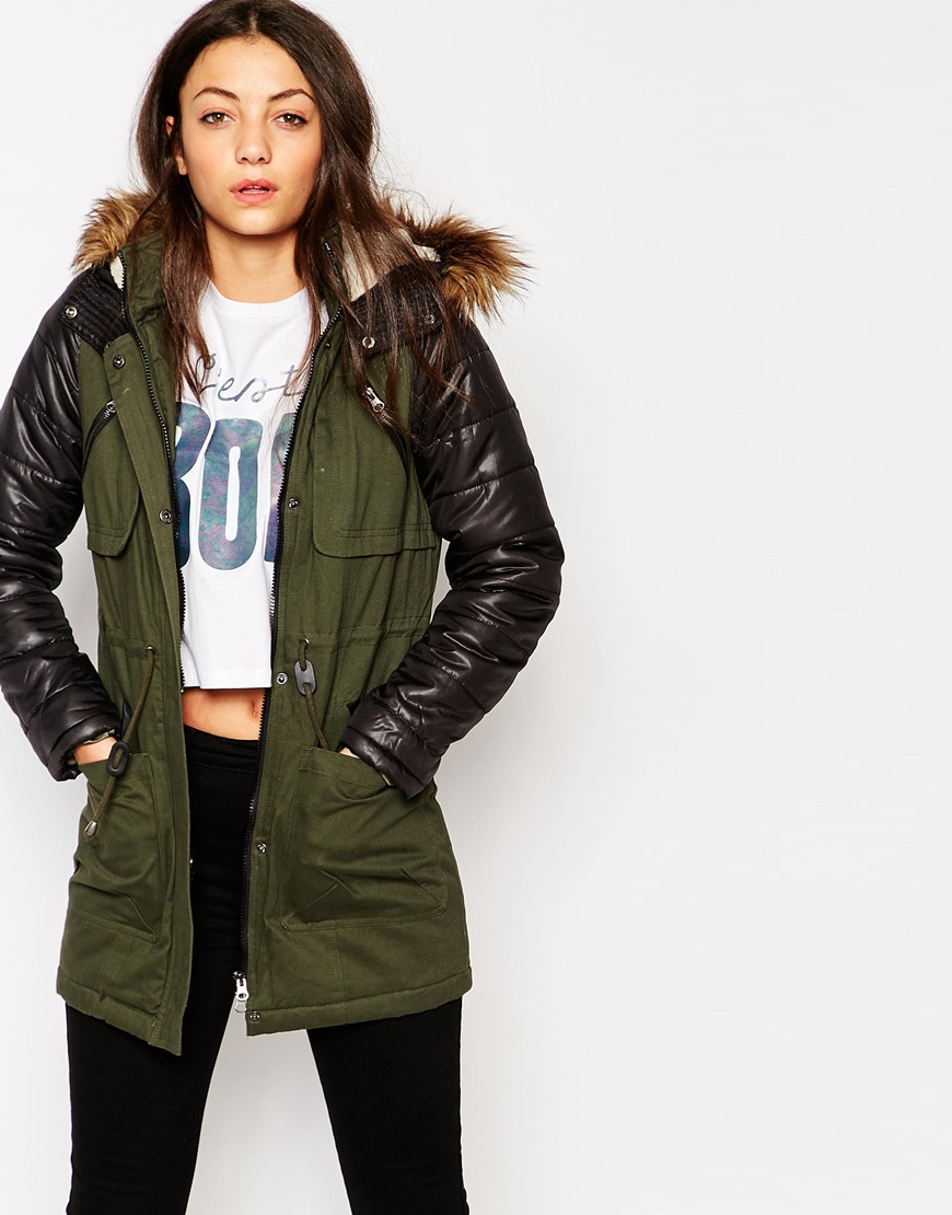 khaki jacket with leather sleeves