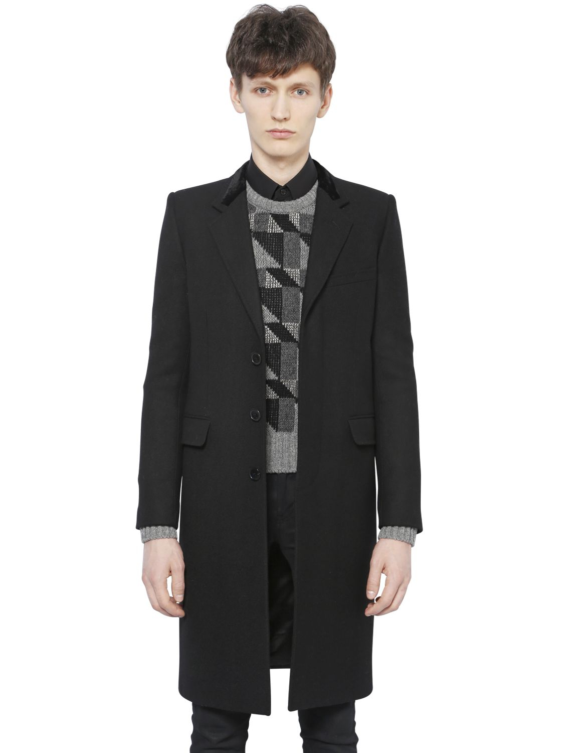 Saint Laurent Velvet & Diagonal Wool Coat in Black for Men - Lyst