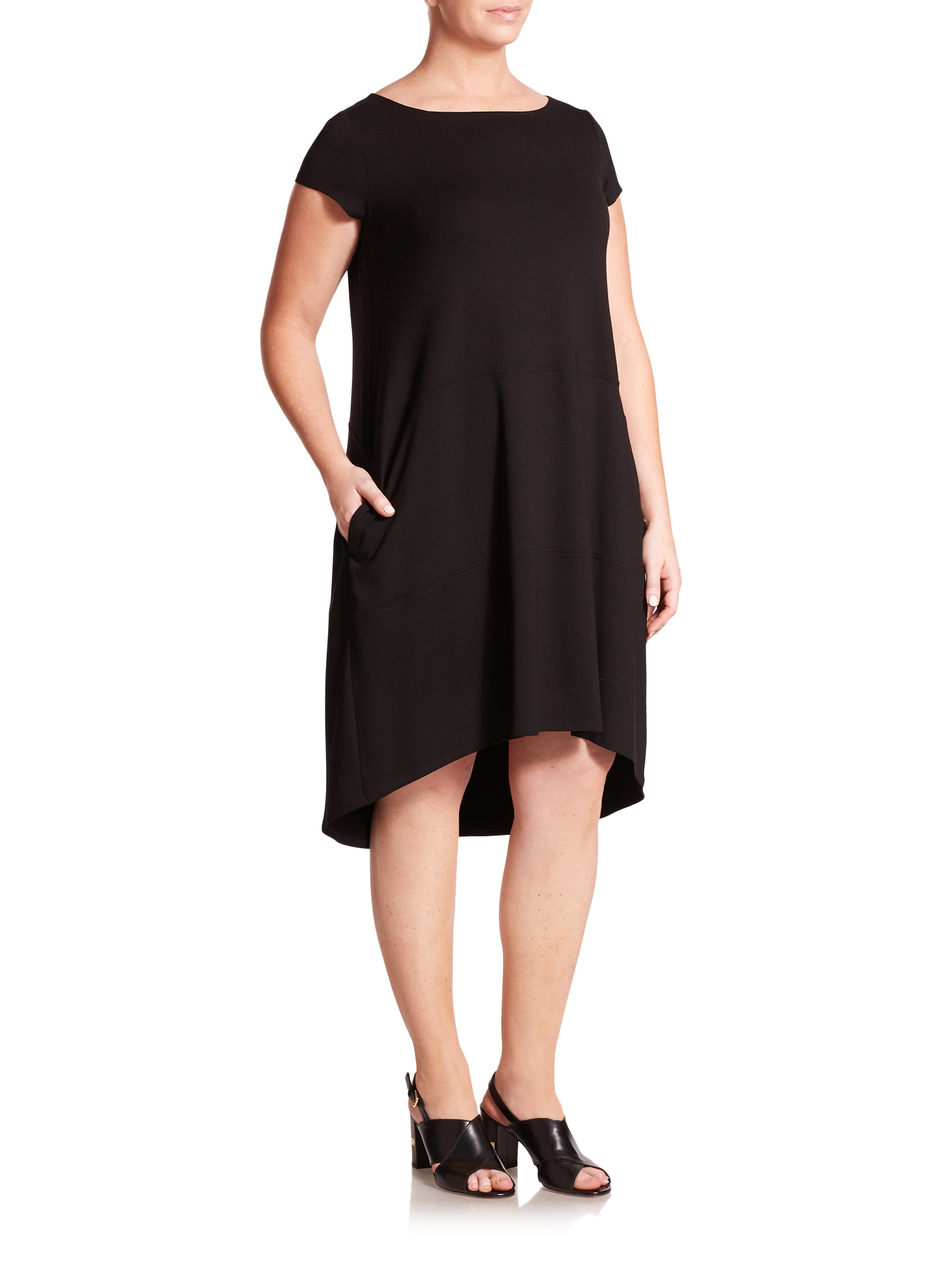 Eileen Fisher Bateau-neck Cap-sleeve Dress in Black - Lyst