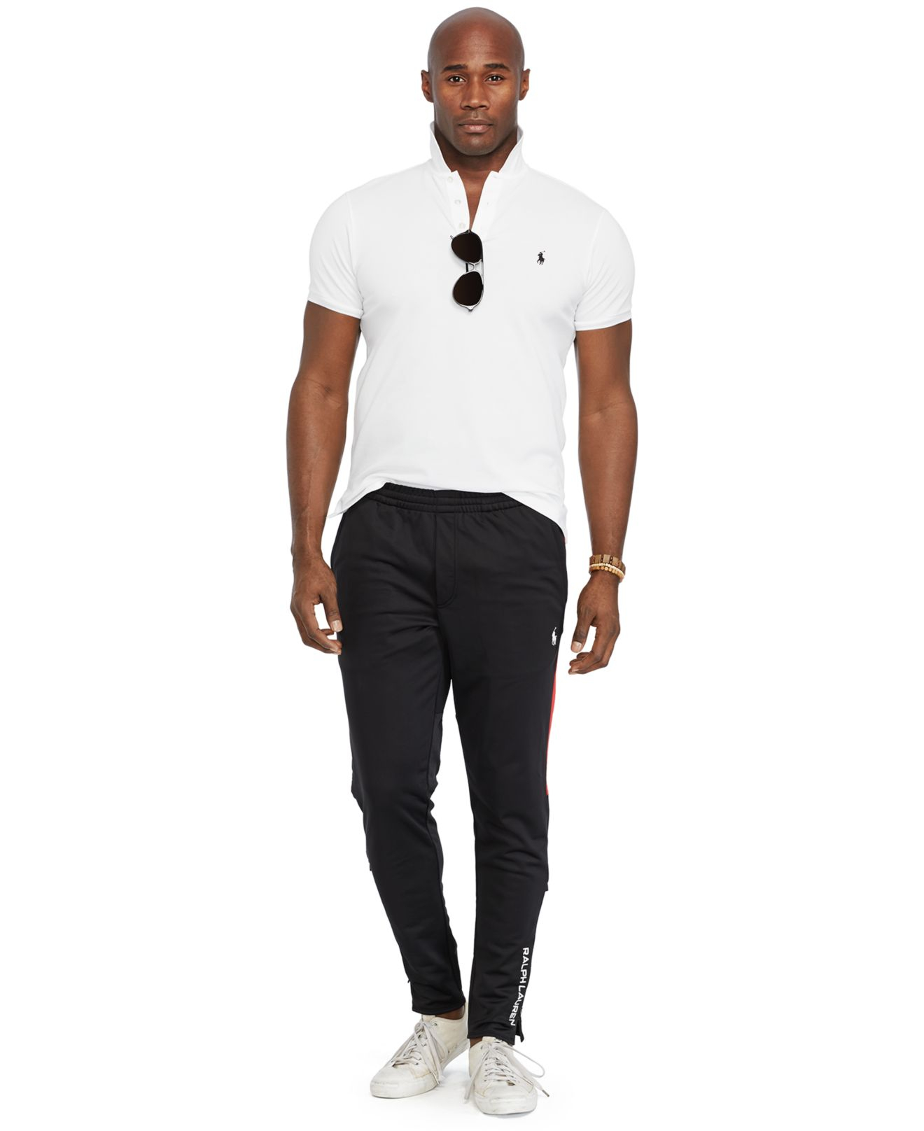 polo and black pants