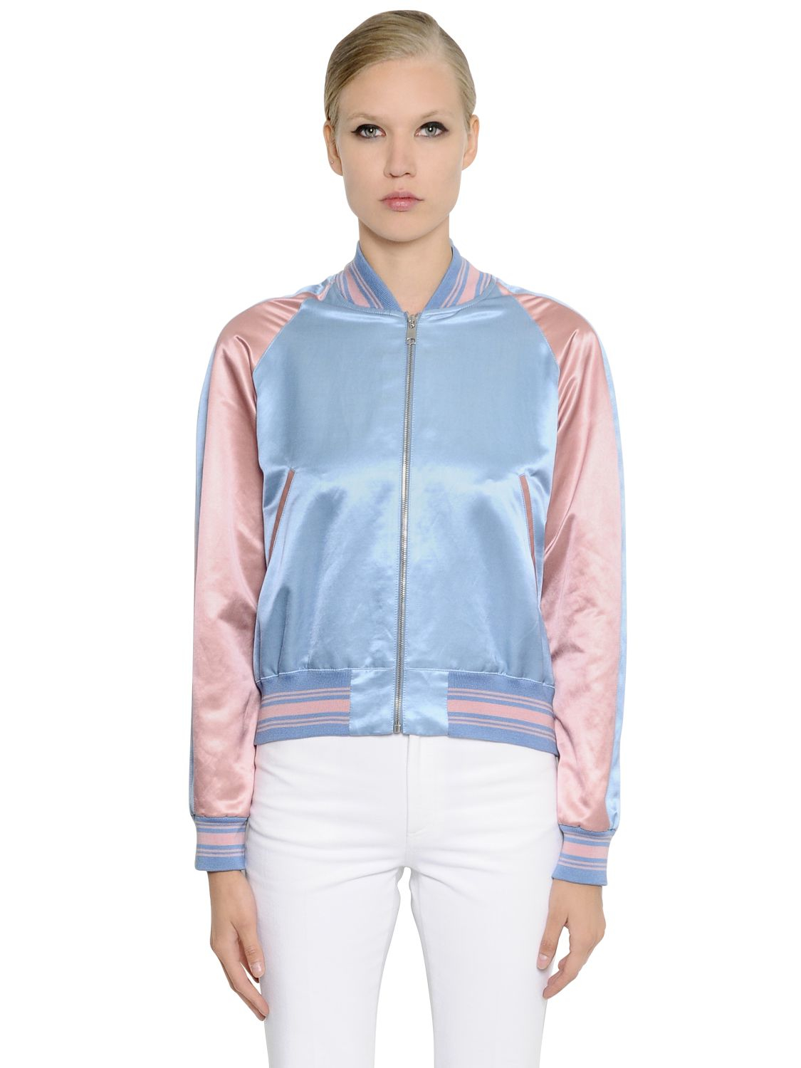 pink and white silk bomber jacket