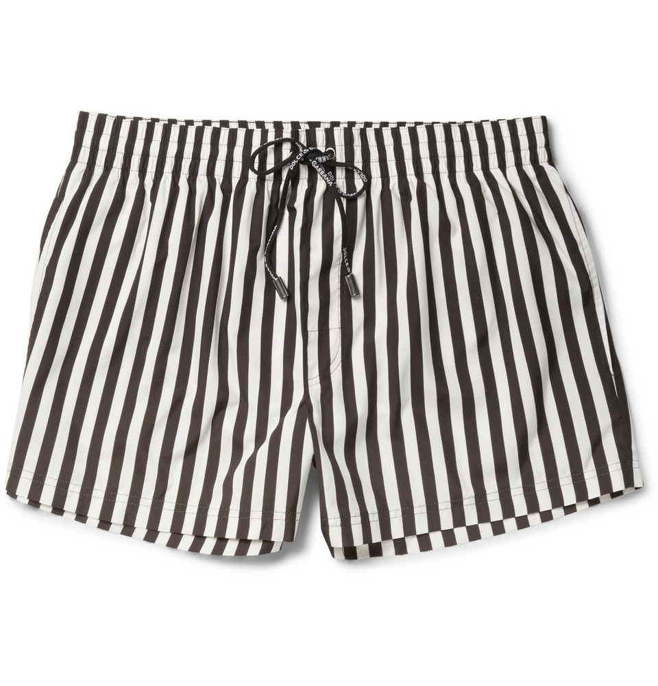 black and white striped swim trunks