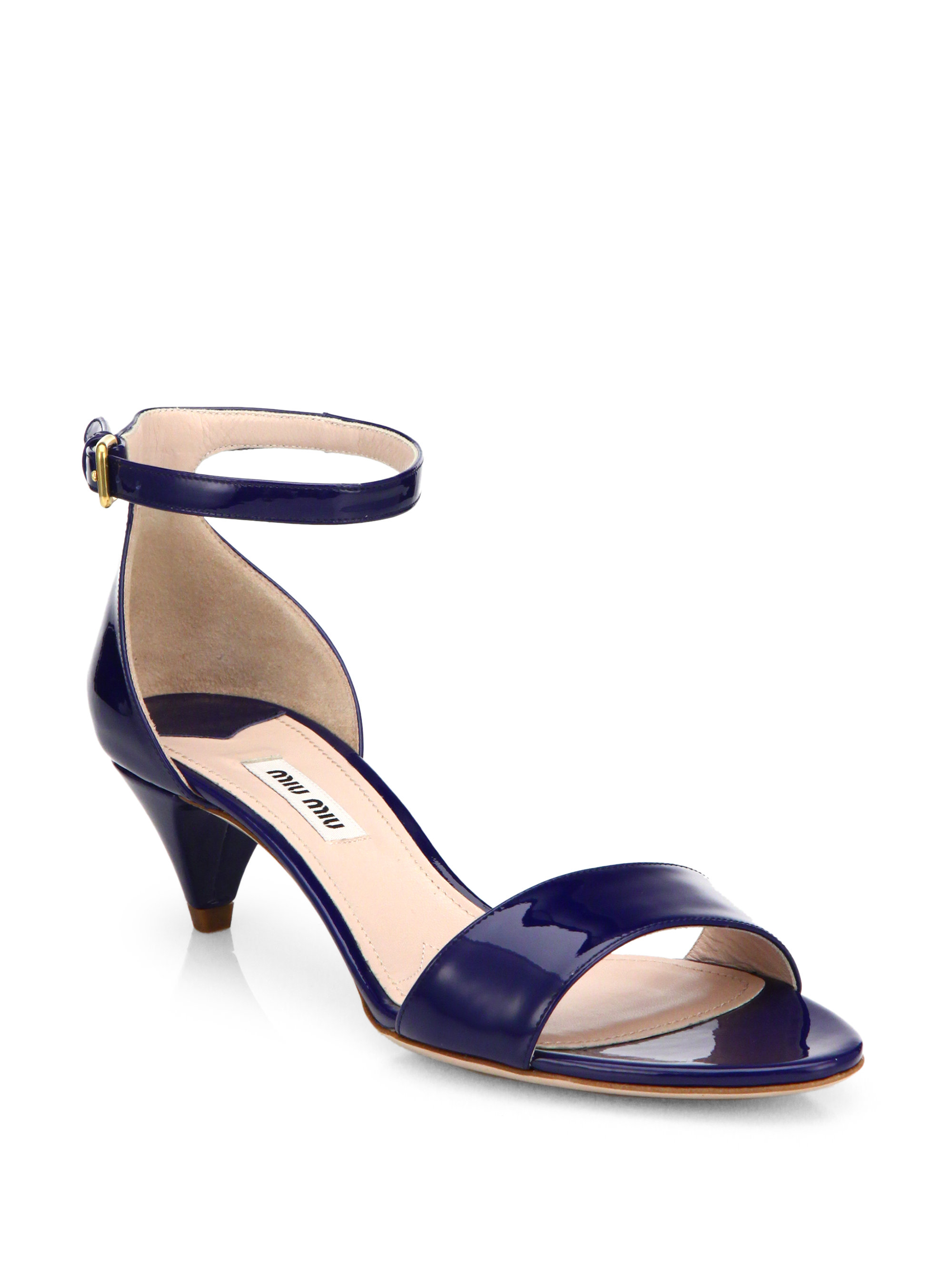 Miu Miu Patent Leather Kitten Heel Sandals in Blue | Lyst