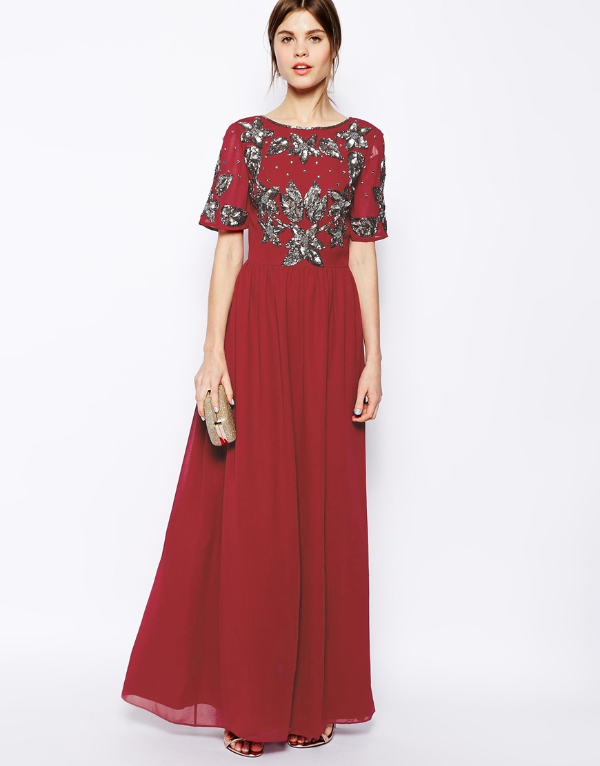 red embellished maxi dress