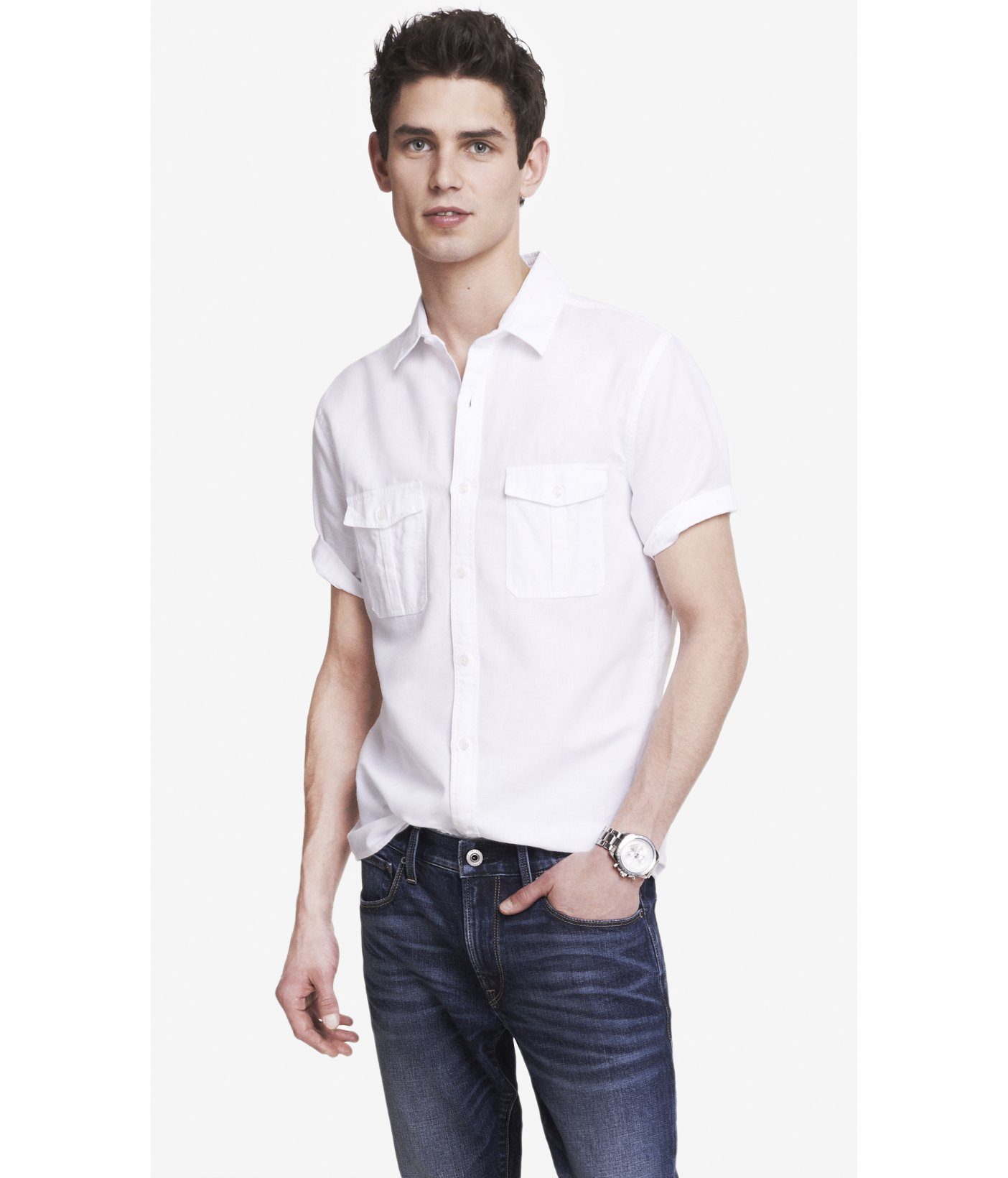 Express Linen-Cotton Two Pocket Short Sleeve Shirt in White for Men | Lyst