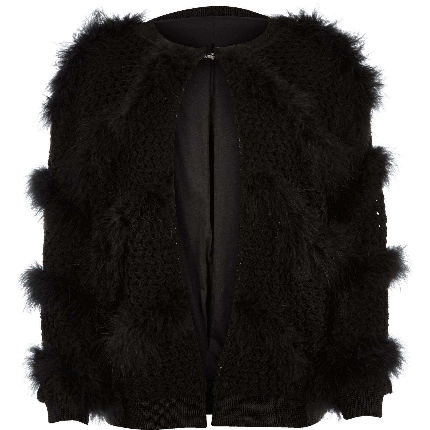 River Island Black Knitted Feather Trim Cardigan - Lyst