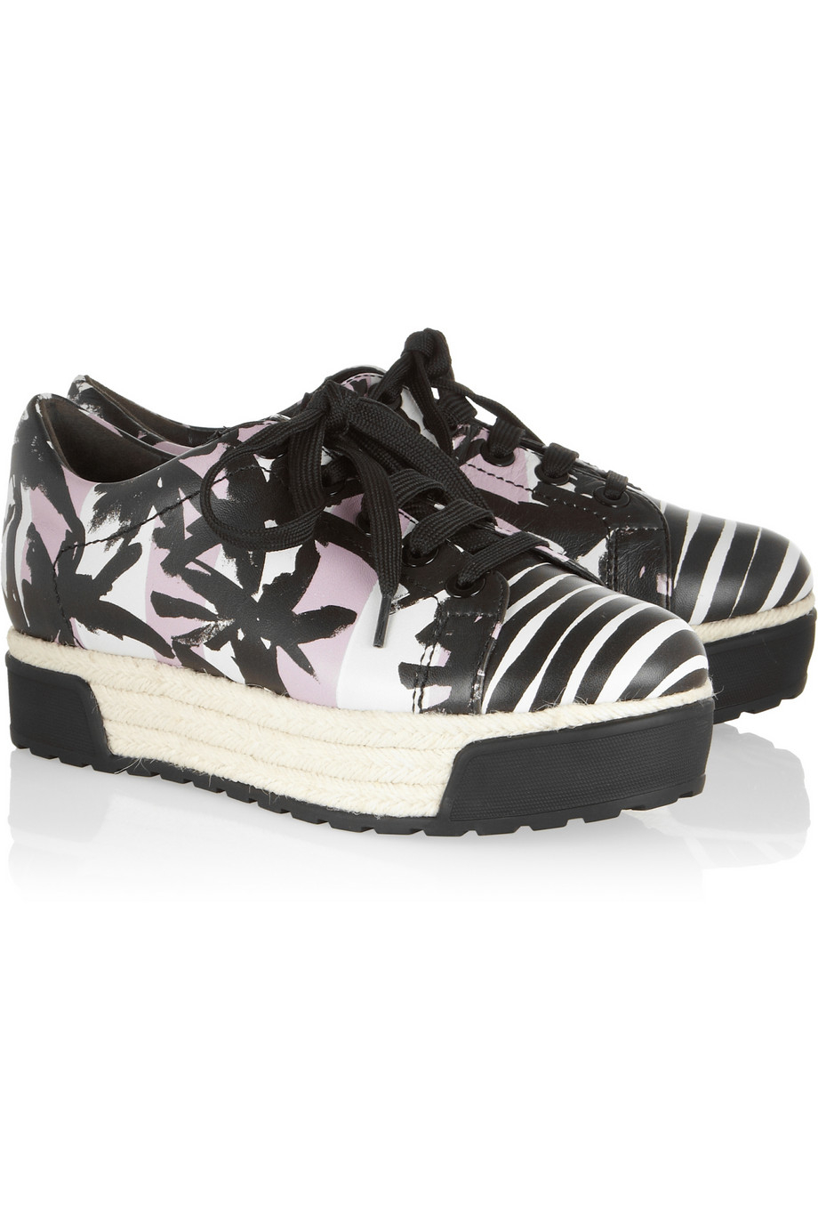 KENZO Palm Tree Print Leather and Raffia Sneakers in Black