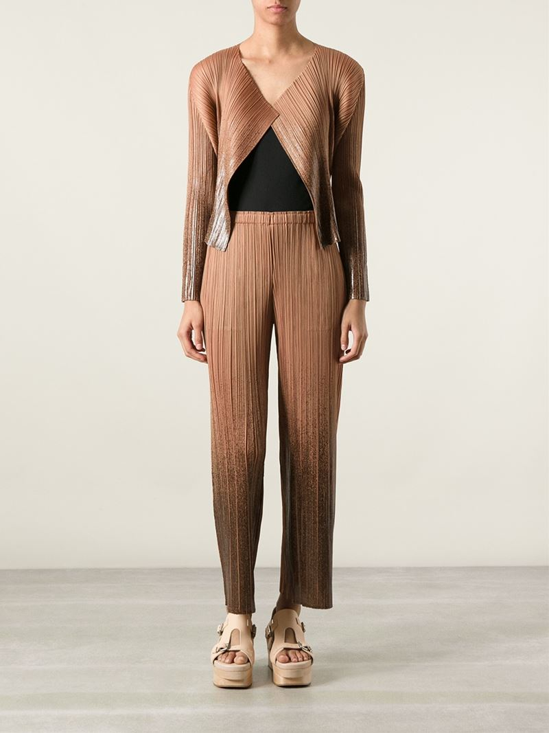 Pleats Please Issey Miyake Cropped Pleated Trousers in Brown