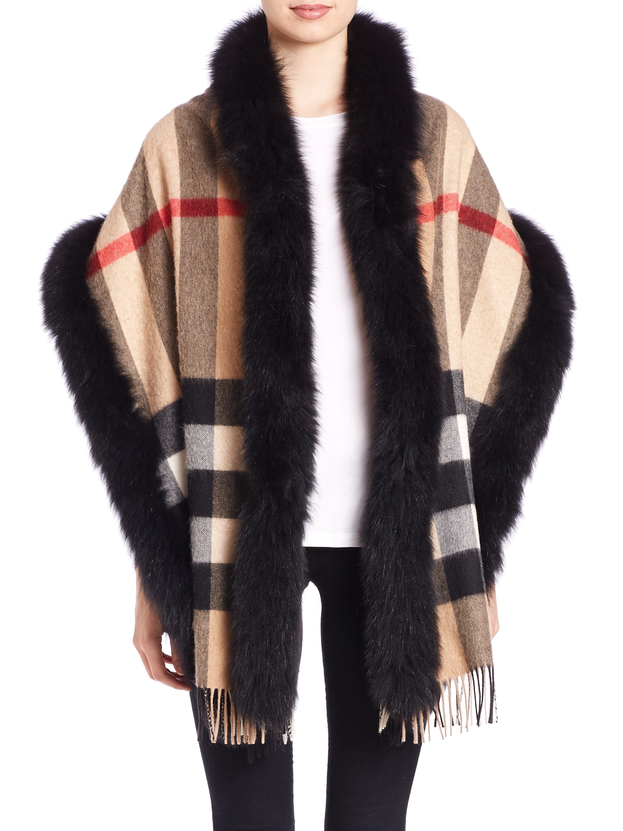 scarf pom fur pom House trimmed Fox Burberry Scarf Check fur Lyst Cashmere scarf pom fur pom House trimmed Fox Burberry Scarf Check fur Lyst Cashmere