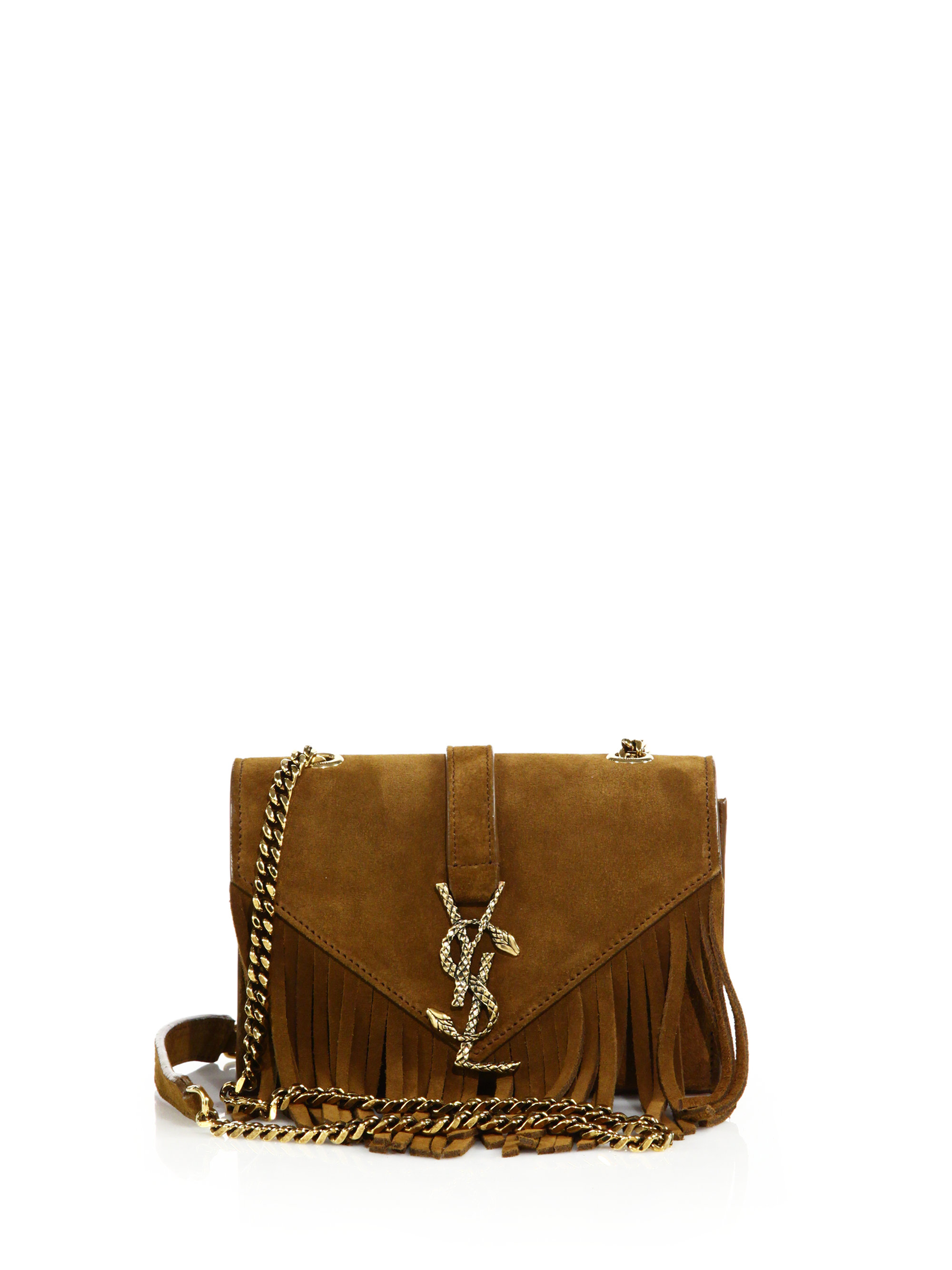 Saint Laurent Baby Serpent Fringed Suede Chain Crossbody Bag in Brown | Lyst