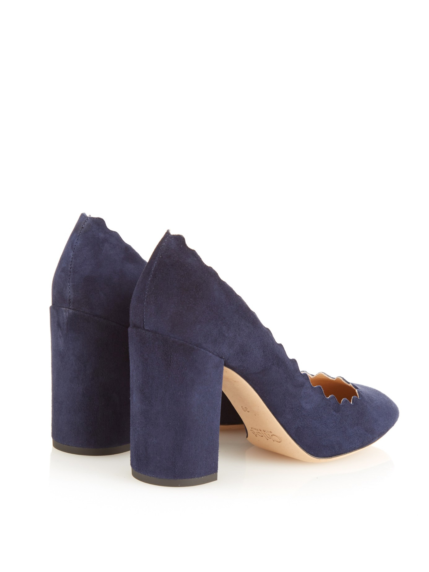 Chloé Lauren Scalloped-edge High Block-heel Suede Pumps in Dark Blue (Blue)  - Lyst
