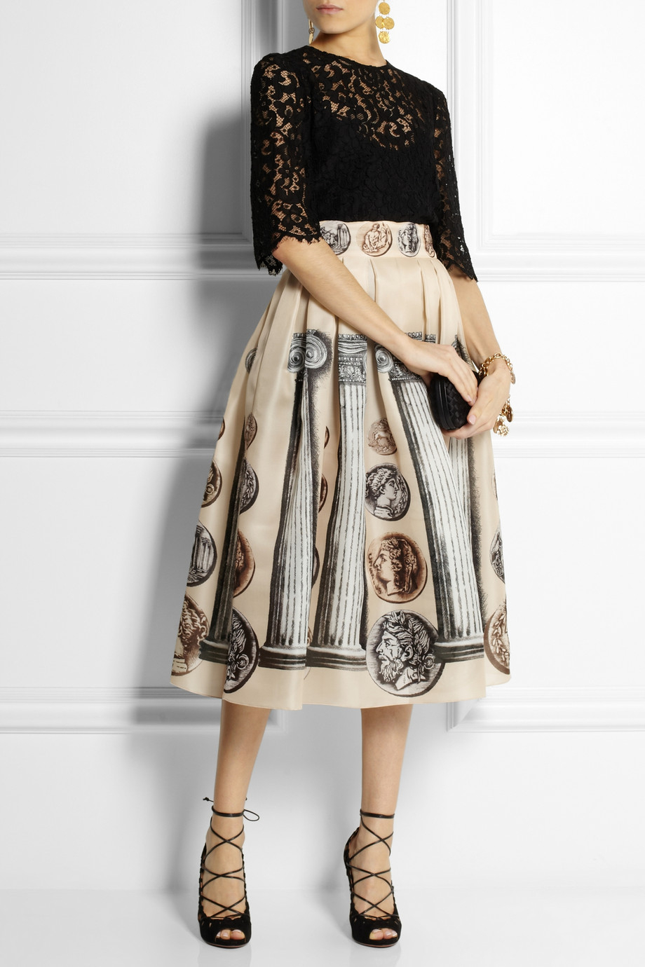 Lyst - Dolce & Gabbana Printed Silksatin Organza Midi Skirt in Natural