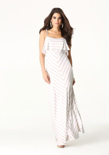 Bebe Petite Striped Maxi Dress in White (WHITENATURAL)