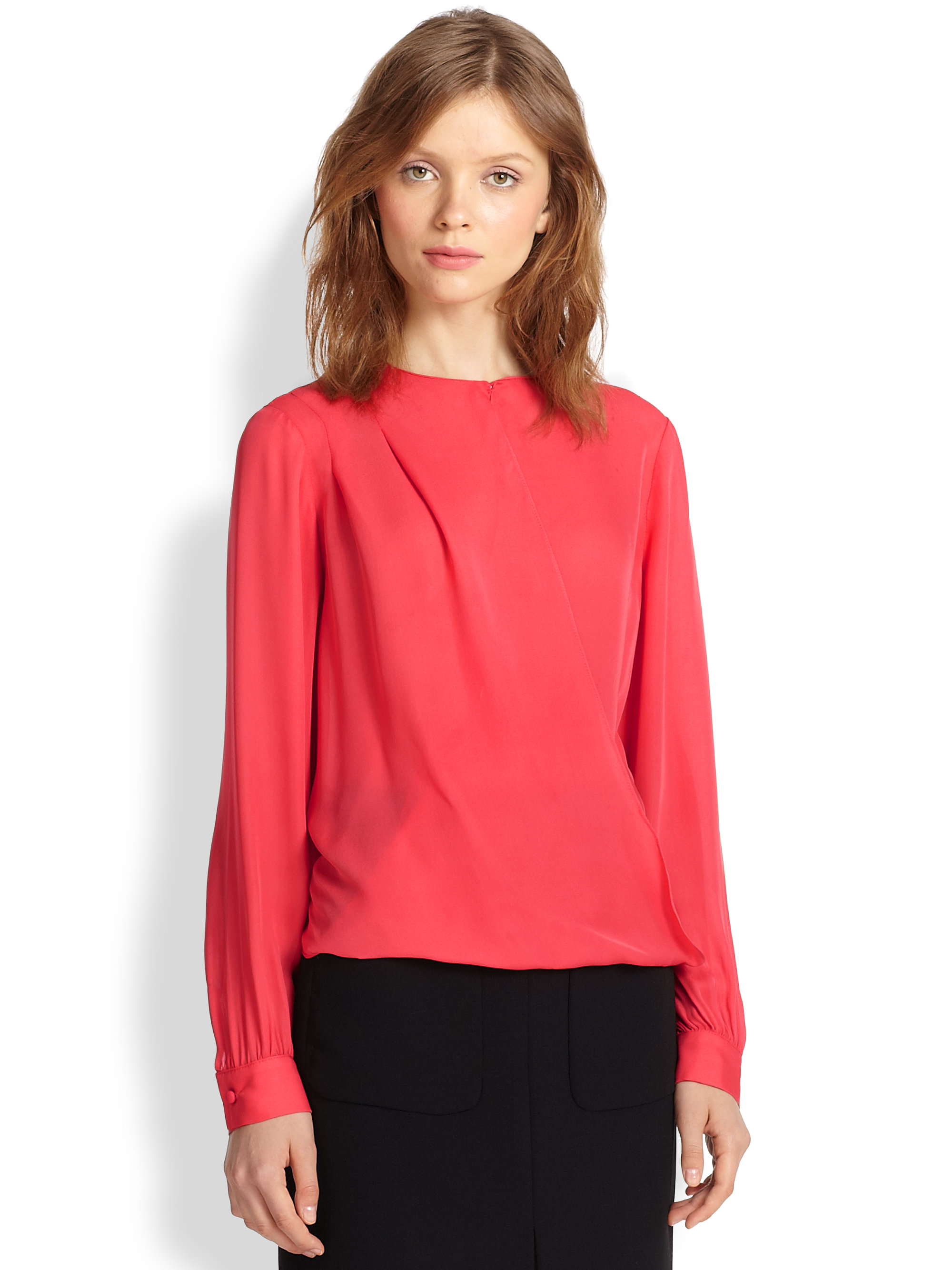 L'agence Silk Drape-Front Blouse in Pink (CORAL) | Lyst