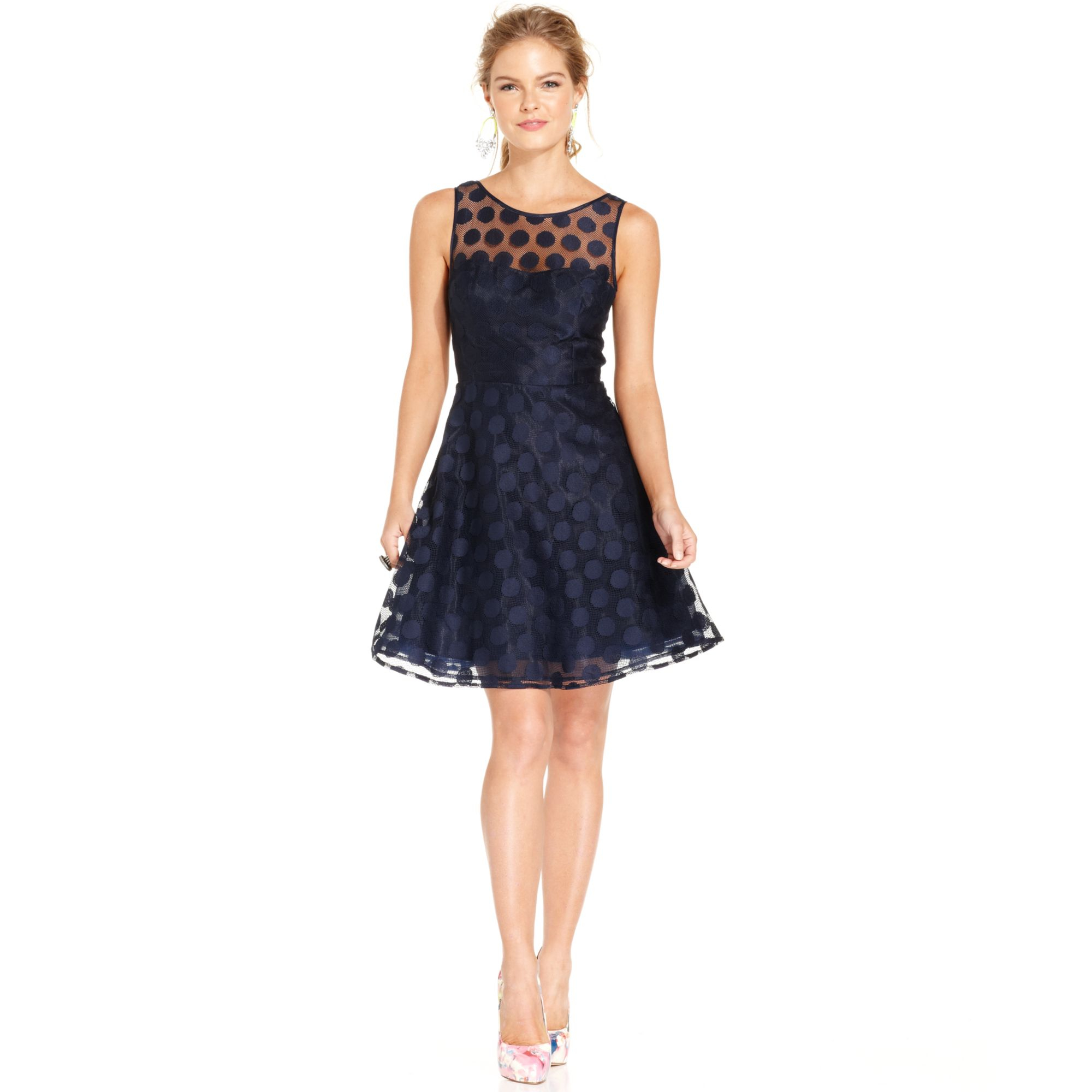 Betsey Johnson Sleeveless Illusion Polka-Dot Dress in Blue (Navy) | Lyst