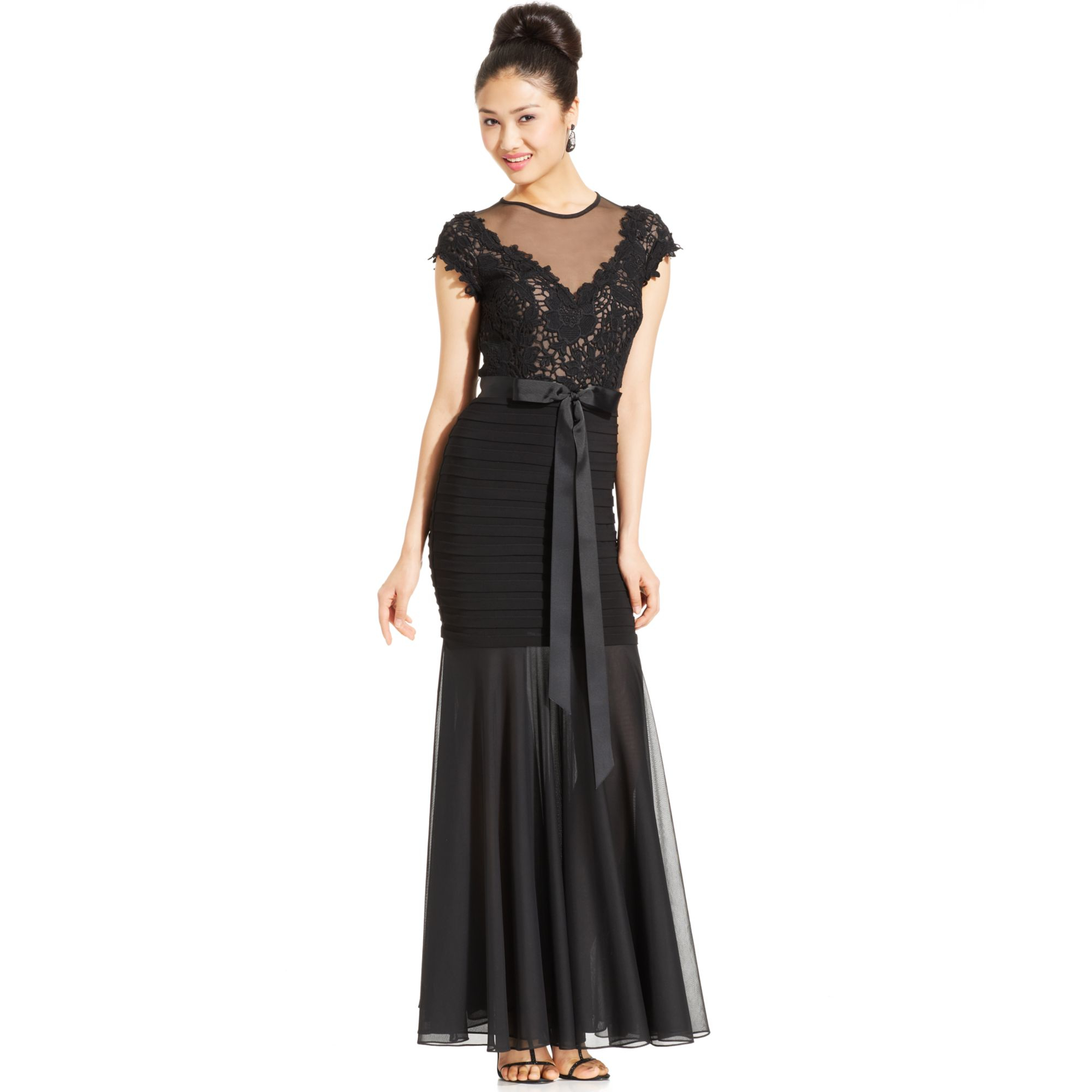 betsy and adam embellished chiffon illusion gown