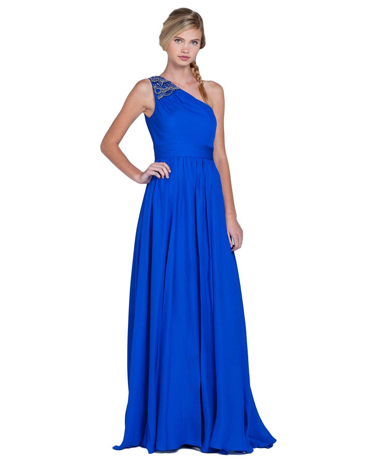 blue one shoulder evening gown