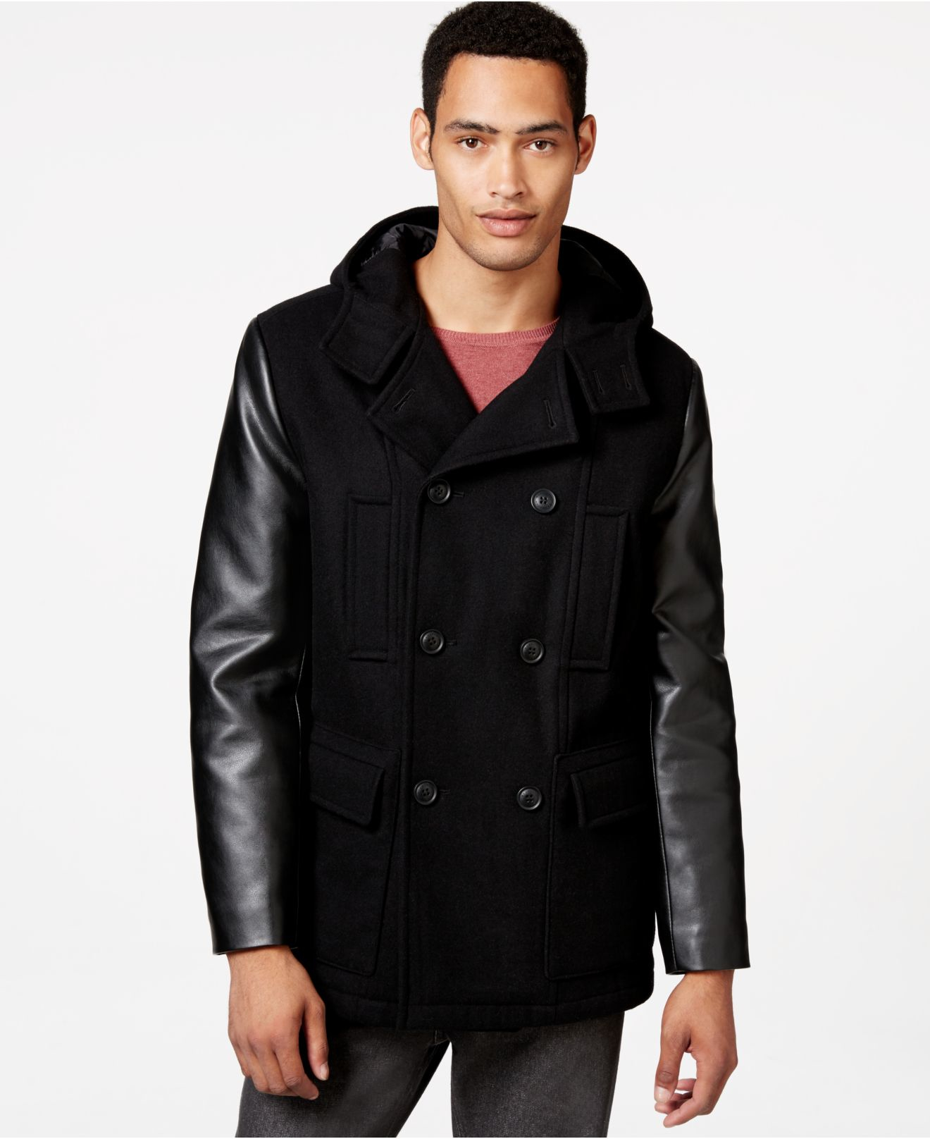 Vince Camuto Patent Faux Leather Pea Coat In Black Lyst Kenneth Cole Reaction Wool Peacoat With Faux Leather Trim In Gray For Men Lyst