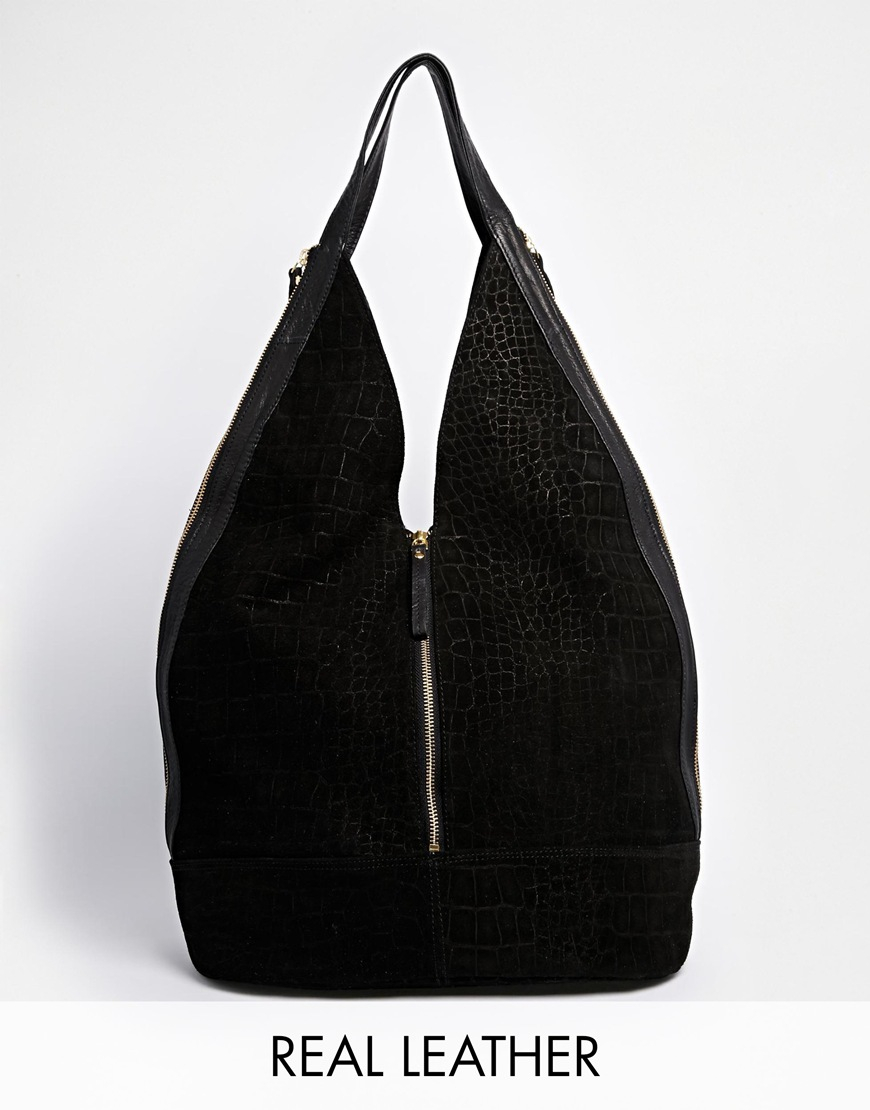 ASOS Leather And Suede Slouch Hobo Bag With Zip in Black - Lyst