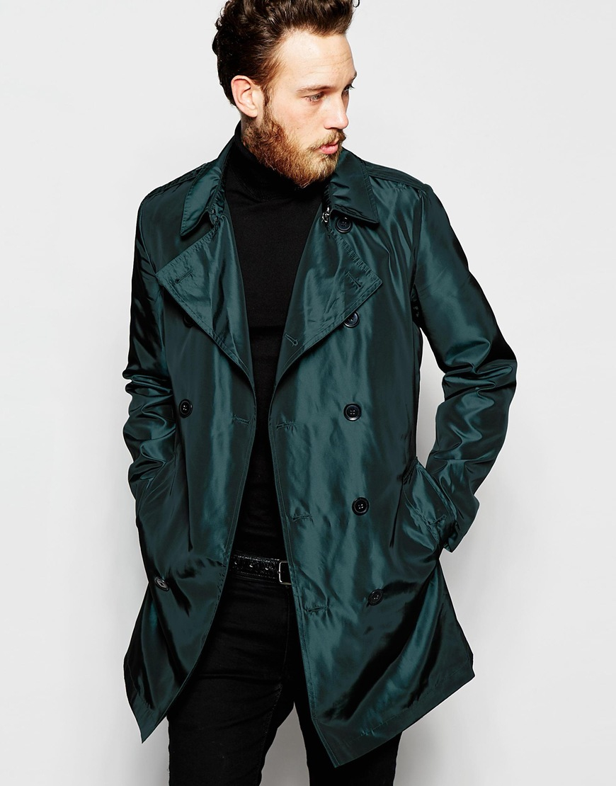 ASOS Trench Coat In Two Tone Fabric In Emerald Green for Men | Lyst