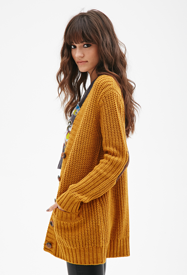 Forever 21 Chunky Knit V-neck Cardigan in Yellow | Lyst