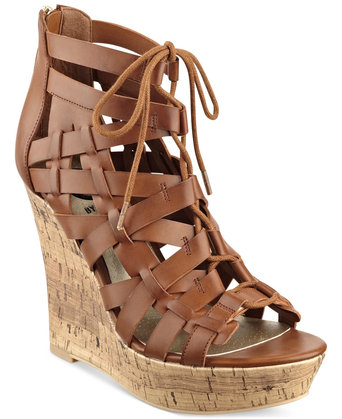 G by Guess Derby Lace-up Platform Wedge Sandals in Brown | Lyst