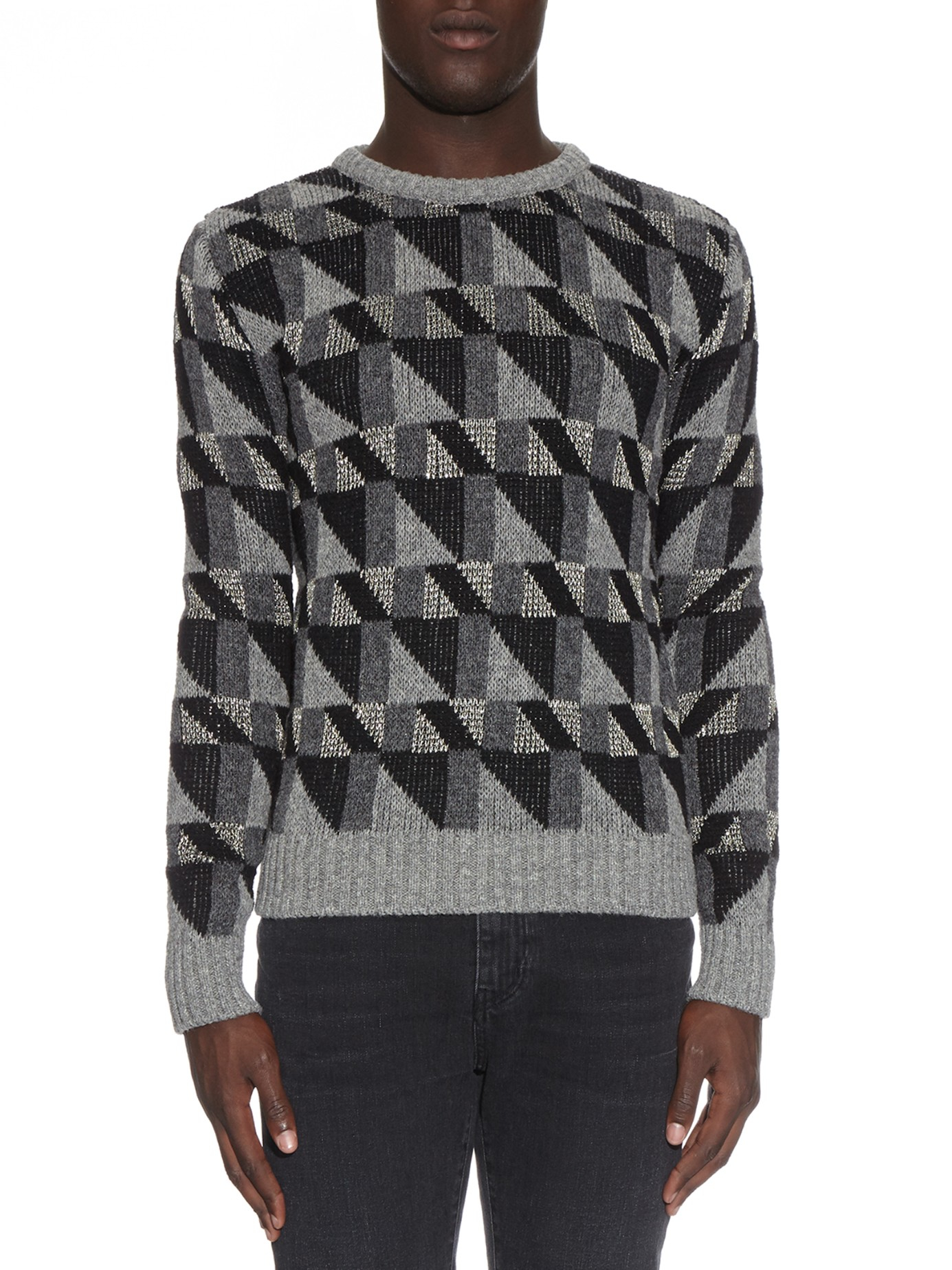 Saint Laurent Wool Geometric Intarsia Sweater in Grey (Gray) for 