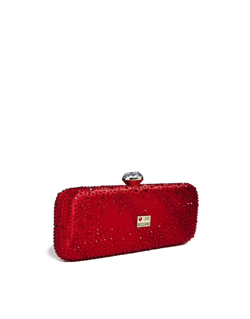 Love Moschino Crystal Encrusted Satin Box Clutch Bag in Red - Lyst