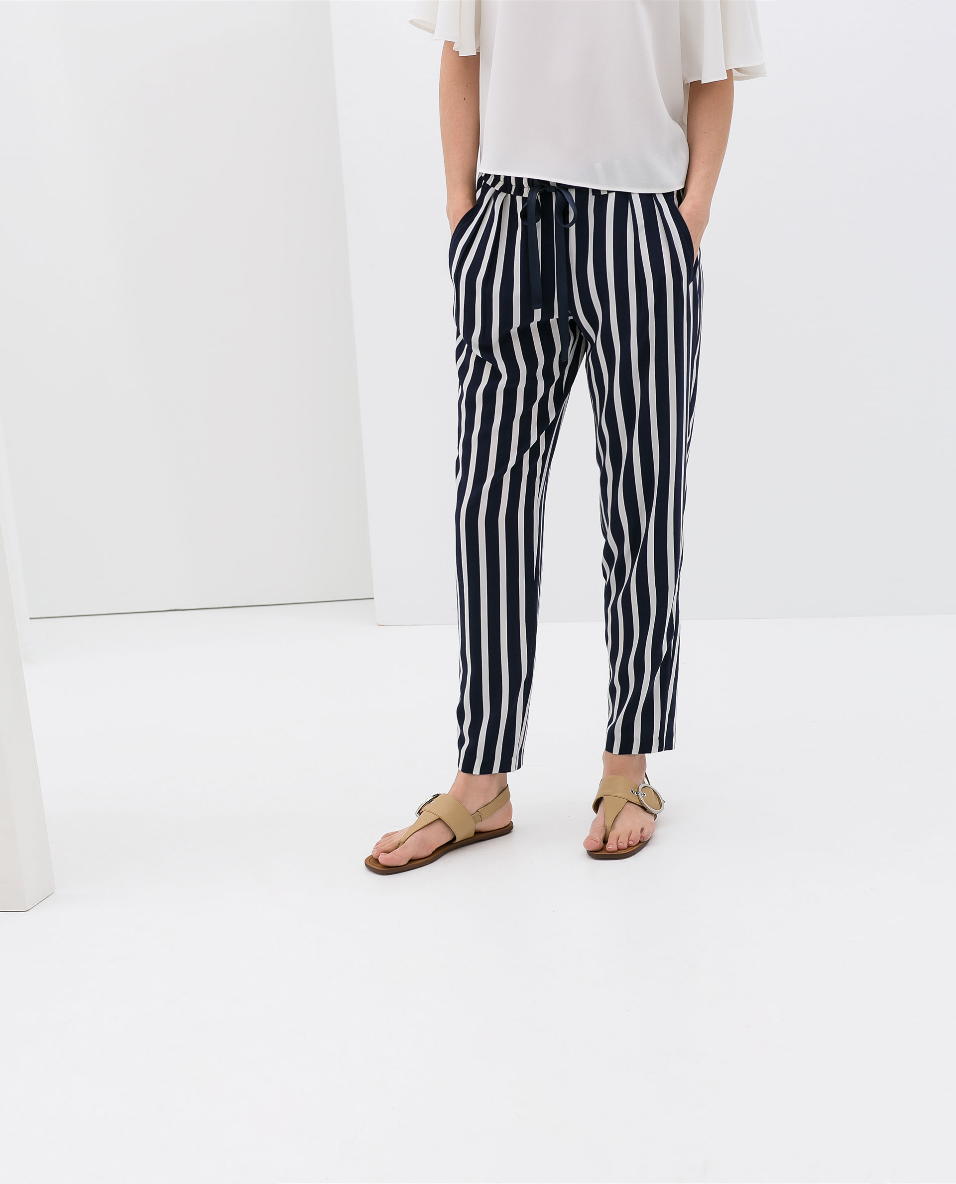 Zara Striped Trousers with Laces in Blue (Blue/White) | Lyst