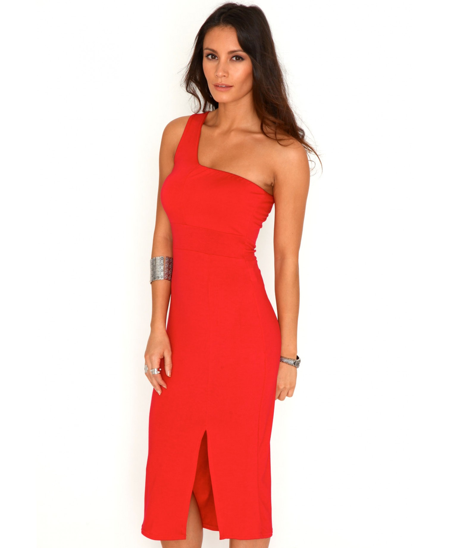 Missguided Rhoni One Shoulder Side Split Midi Dress in Red in Red | Lyst