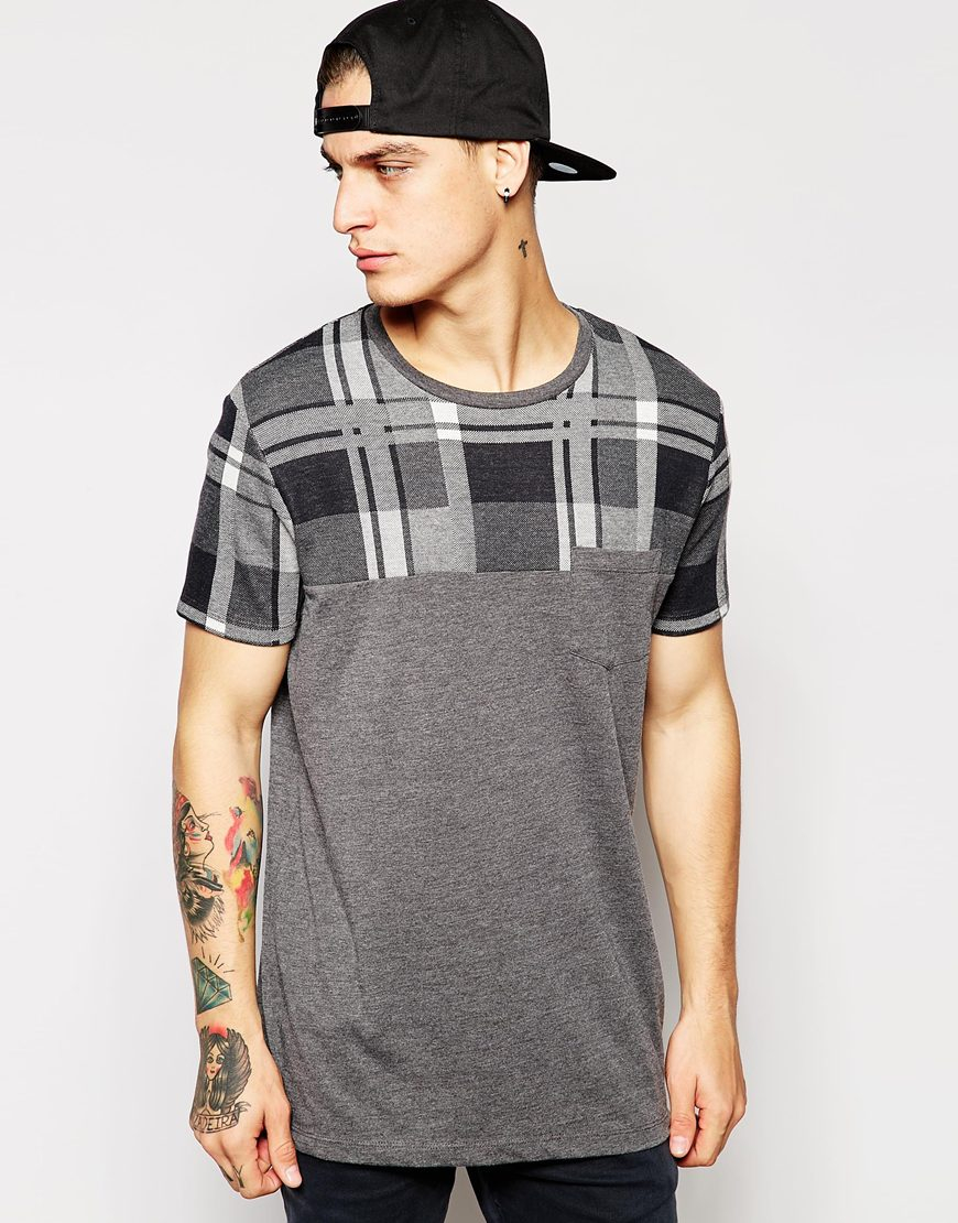 Asos Longline T-Shirt With Checked Yoke And Pocket in Gray for Men ...