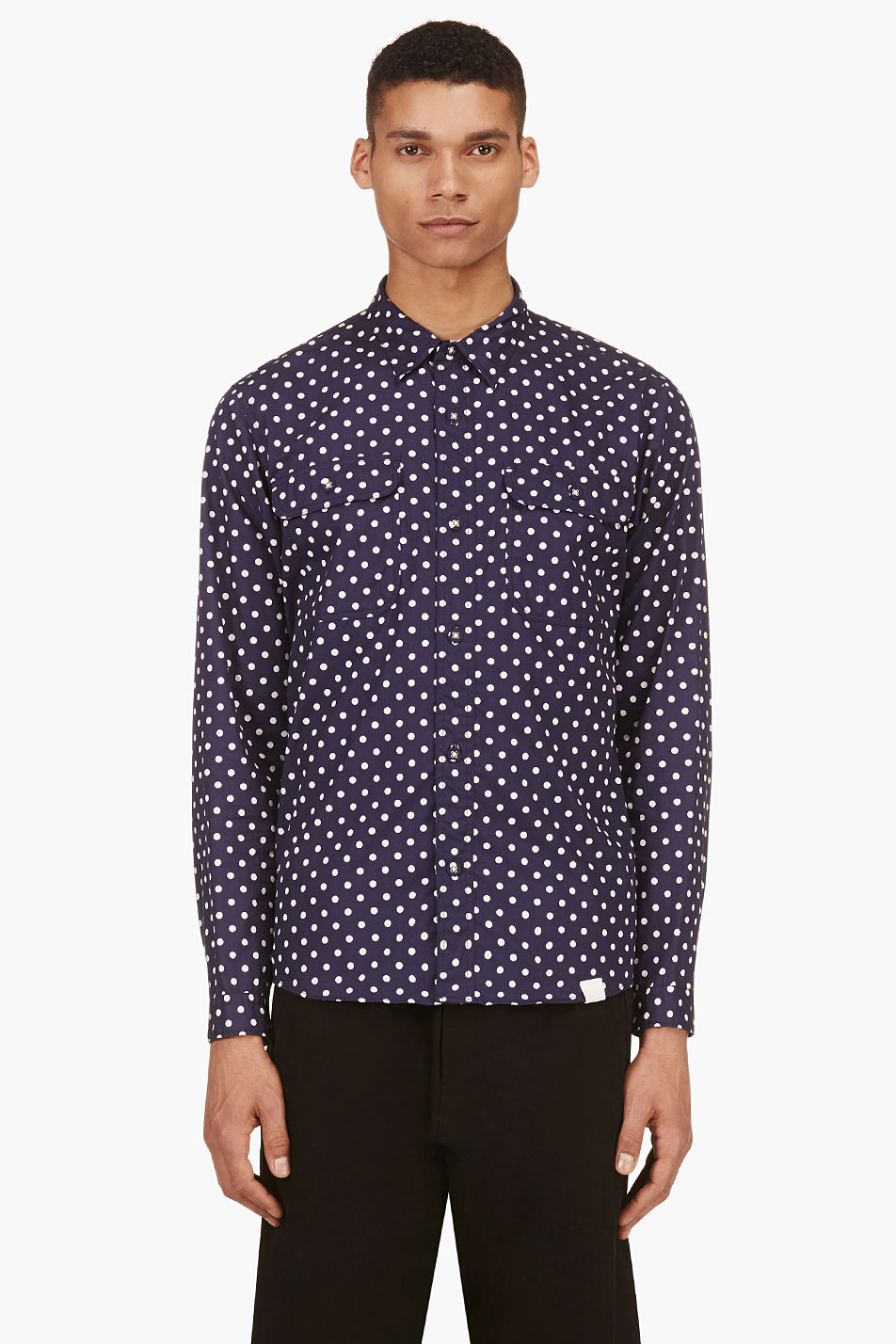 navy blue white dot shirt
