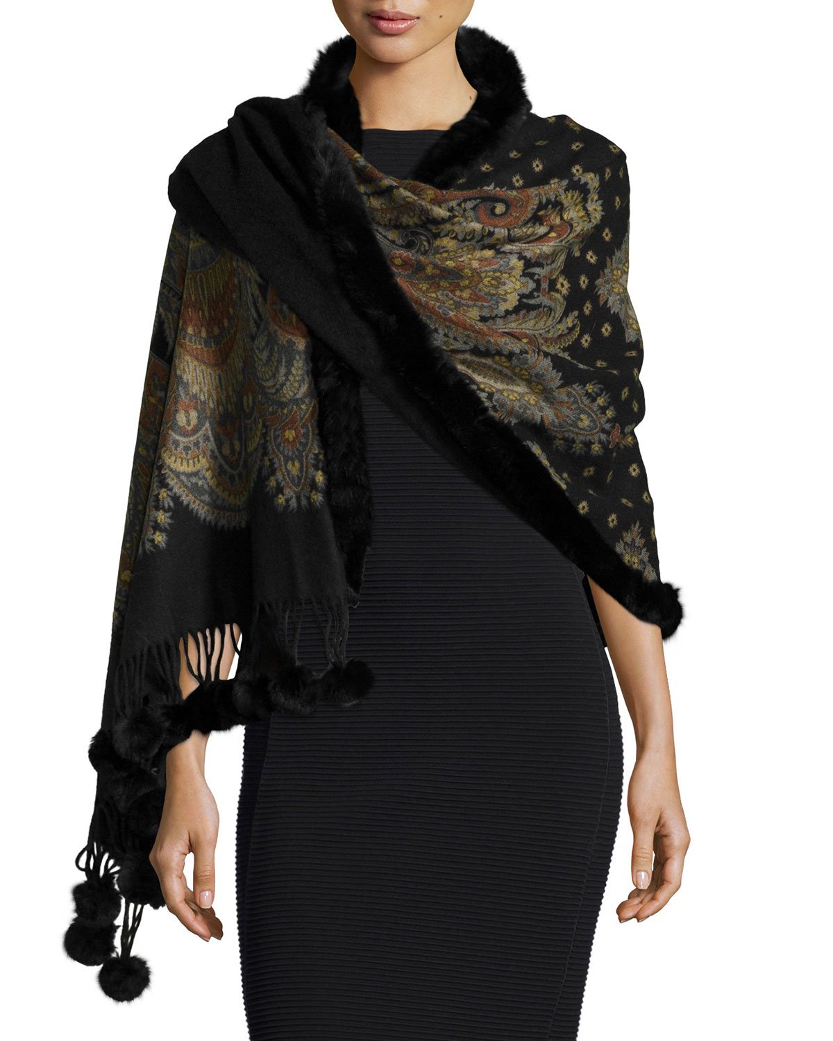 Gorski Paisley Cashmere Reversible Wrap With Fur Pompom Trim in Black