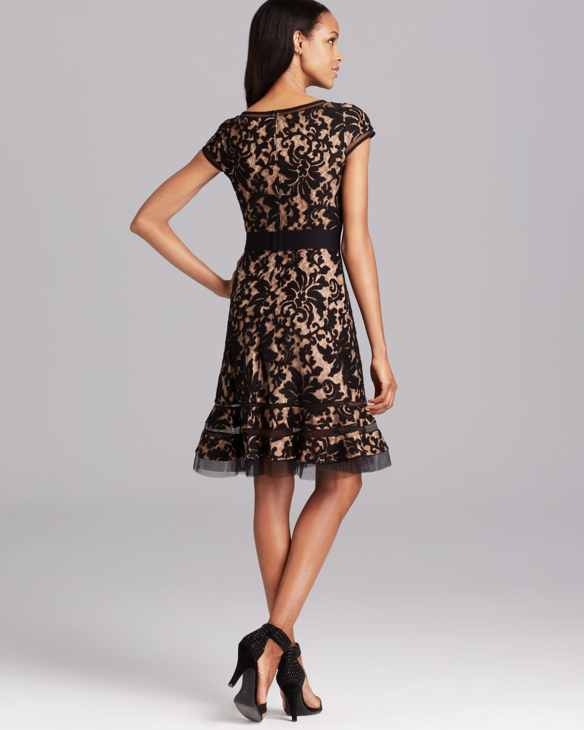 black lace cap sleeve dress