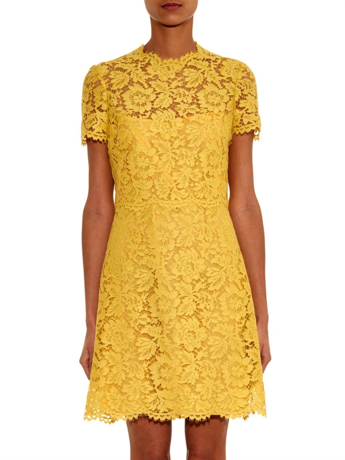 Lyst - Valentino Short-Sleeved Lace Dress in Yellow