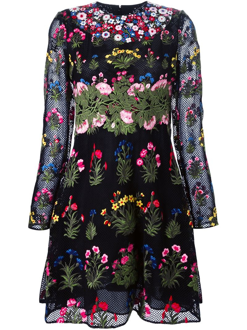 Valentino Floral Embroidered Dress in Black - Lyst