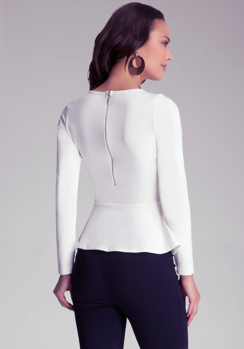 Bebe Long Sleeve Peplum Top in Denim (White) - Lyst